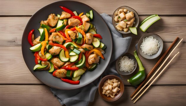 Photo a pan of food with chicken vegetables and rice