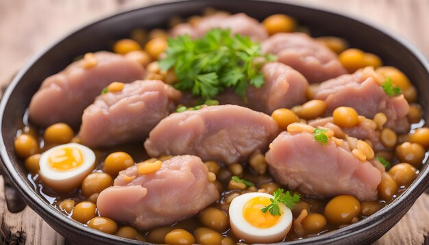 Photo a pan of food with eggs and an egg in it