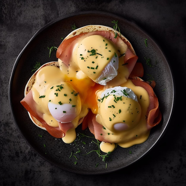 a pan of food with eggs and ham on it.