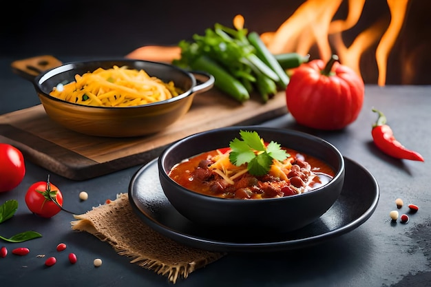 a pan of food with a fire in the background