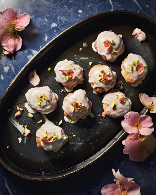 a pan of food with flowers and a pan with a flower on it