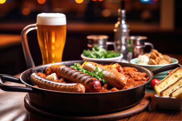 a pan of food with a glass of beer