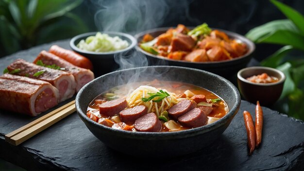 Photo a pan of food with meat and vegetables on it