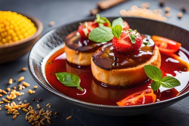 a pan of food with a red sauce and strawberries on it