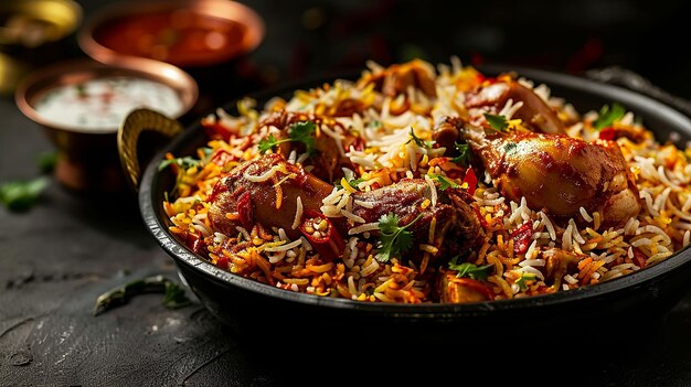 Photo a pan of food with rice and meat on it