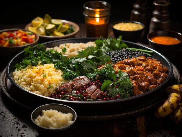 A pan of food with rice, rice, and vegetables.