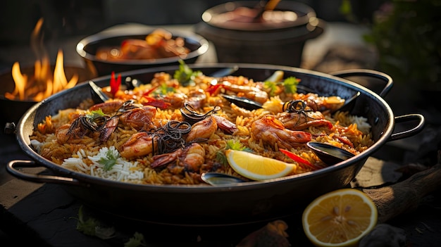 a pan of food with rice and shrimp