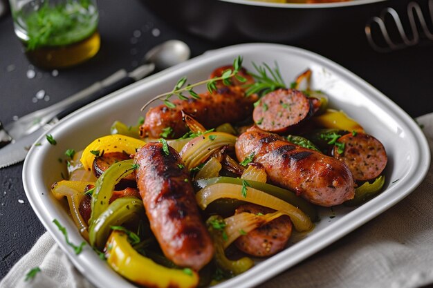 a pan of food with sausages peppers and peppers