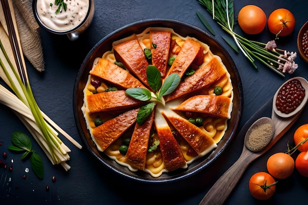 a pan of food with a serving of food on the table