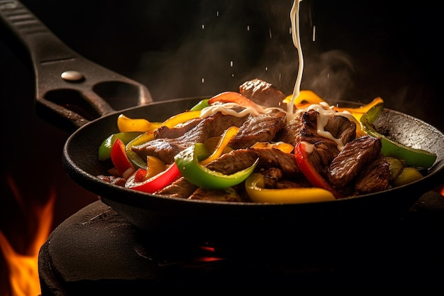 A pan of food with a splash of liquid being poured over it