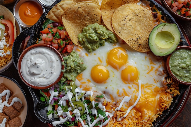 Photo a pan of food with a variety of food including tortillas salsa and salsa