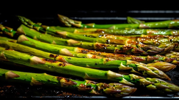 Pan Fried Asparagus Grilled green asparagus on a cast iron plate AI Generative