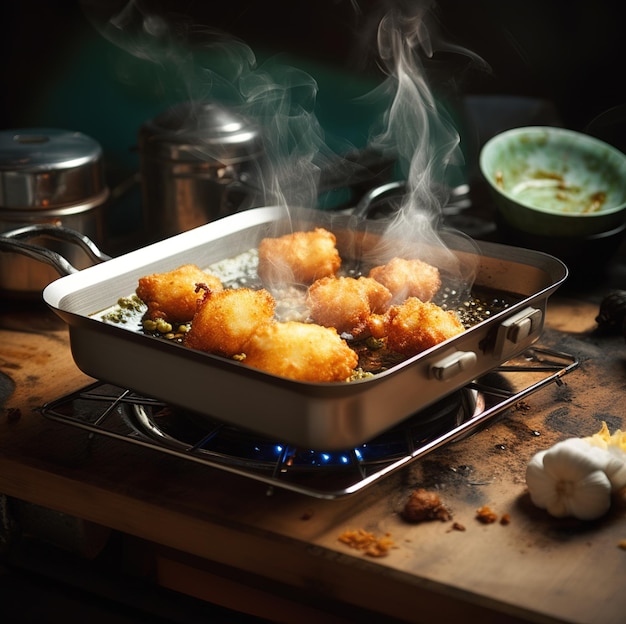 a pan of fried chicken is on a stove with a pot of food.