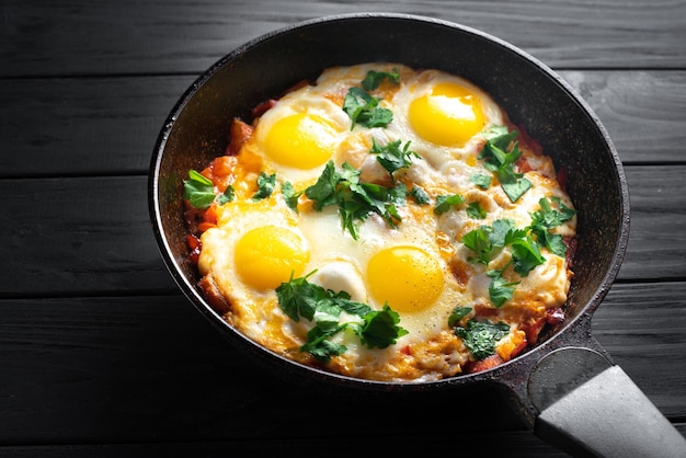 Pan of fried eggs and tomatoes on a dark table surface top view Egg breakfast Eggs for breakfast