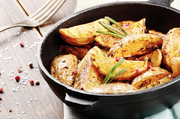 Patate fritte in padella su carta da forno servizio rustico