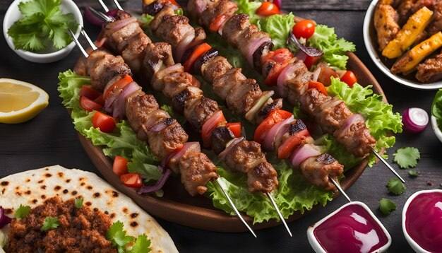 a pan of grilled skewers with a salad in the background