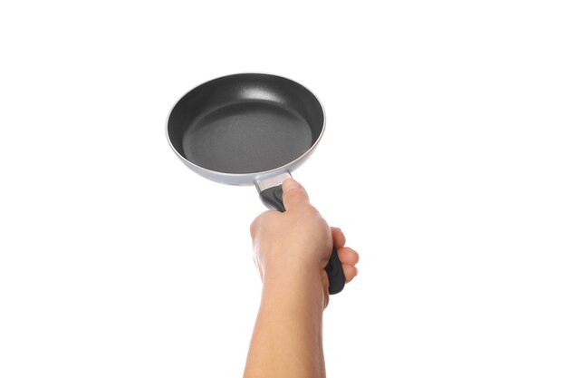 Pan in hands on a white background