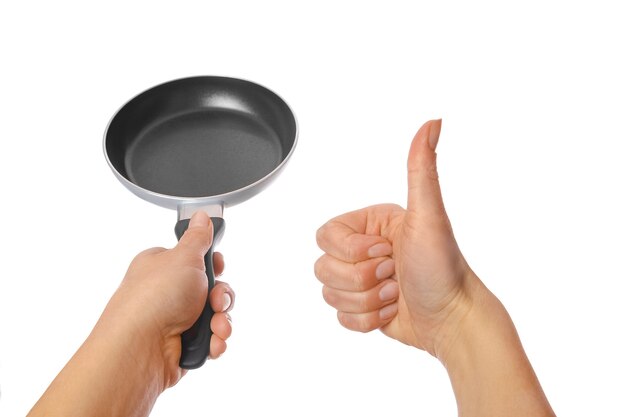 Pan in hands on a white background