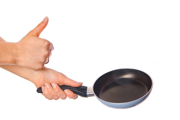 Pan in hands on a white background