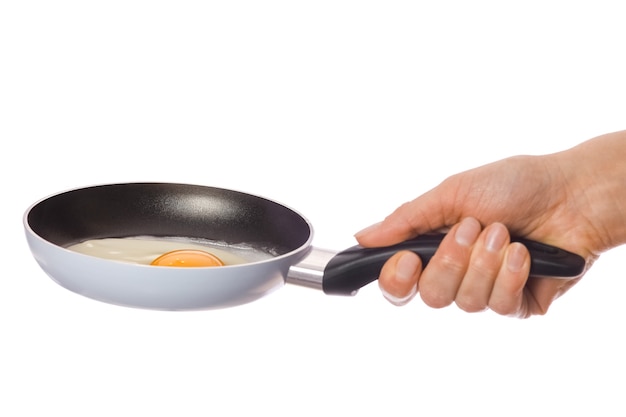 A pan in hands on a white wall