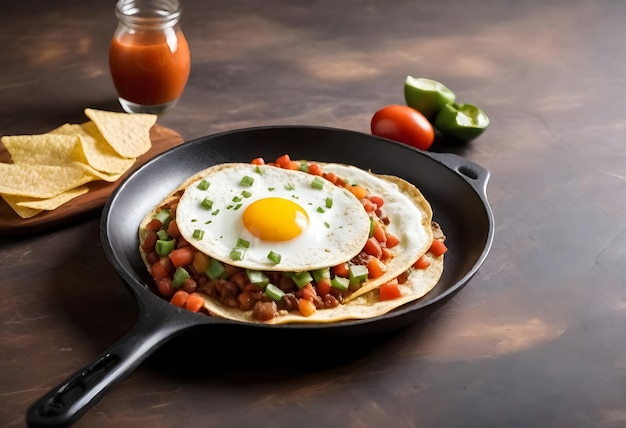 Photo a pan of huevos rancheros with an egg and beans on it