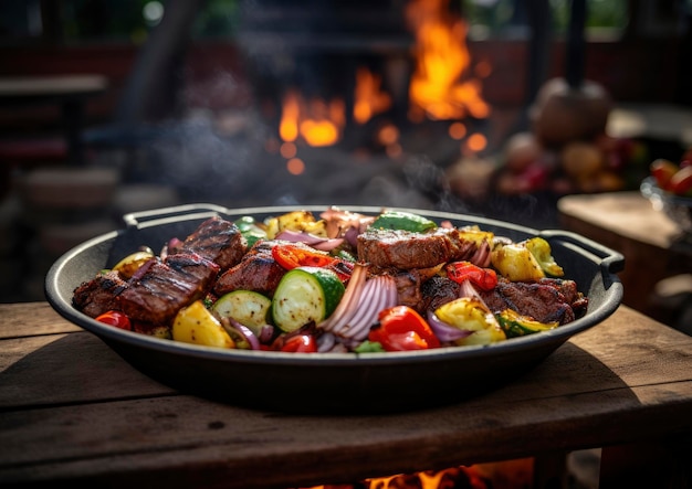 A pan of meat and vegetables cooking on a grill