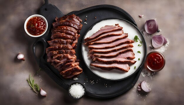 Photo a pan of meat and vegetables with a pan of ketchup