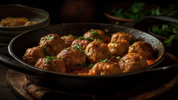 A pan of meatballs with tomato sauce and green onions