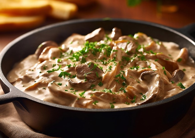 Pan met heet rundvlees stroganoff vlees en paddenstoelen traditionele maaltijd op keukentafelAI Generatief