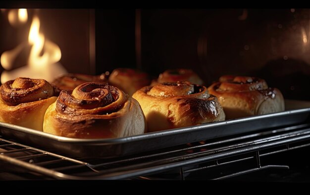 Foto pan met smakelijke kaneel rollen gebakken in de oven professionele voedsel foto ai gegenereerd