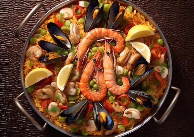 Pan met smakelijke klassieke zeevruchten paella op tafelTop viewAI Generative