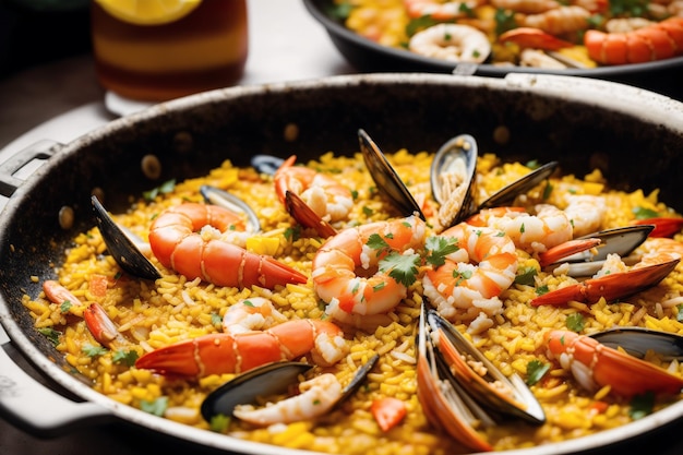 A pan of paella with mussels and mussels