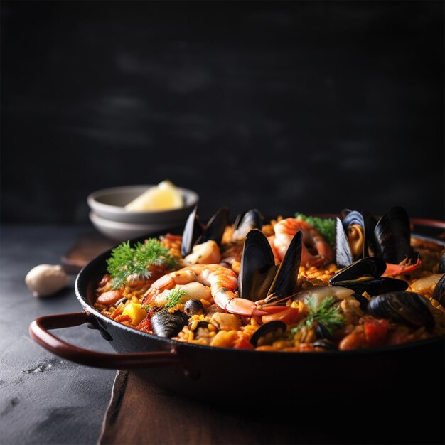 Photo a pan of paella with mussels and shrimp