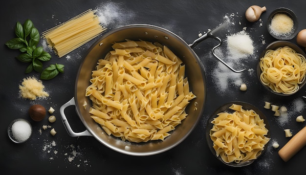 a pan of pasta with a spoon and a pan of pasta