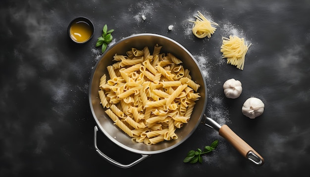 a pan of pasta with a spoon and a spoon with a spoon in it