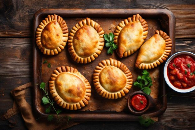 a pan of pies with a cherry on top of it