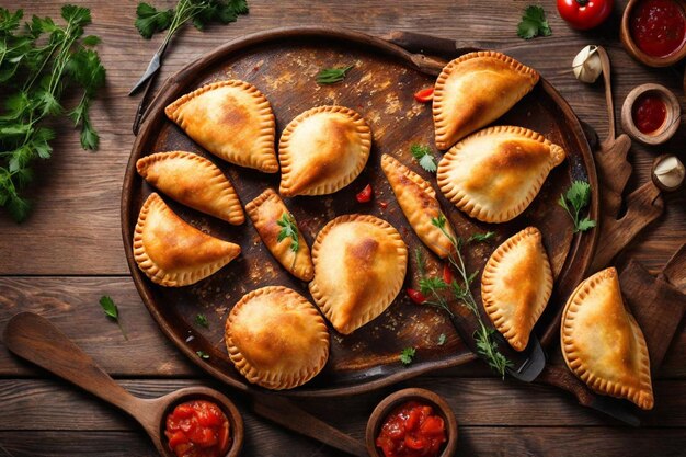 Photo a pan of pies with a spoon and some sauces on it