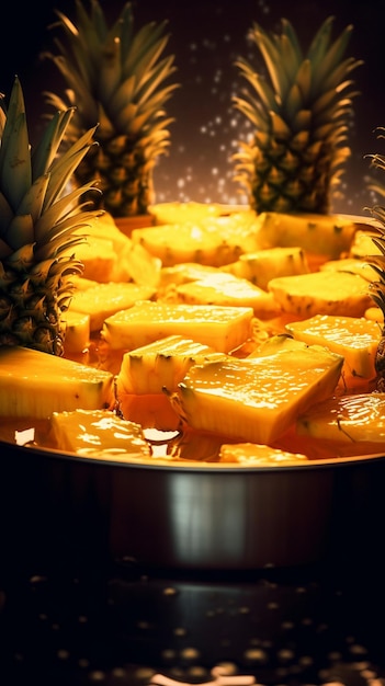 a pan of pineapple slices with pineapples in it.