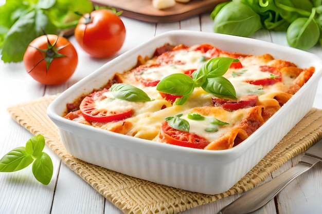 A pan of pizza with tomatoes and basil on a table