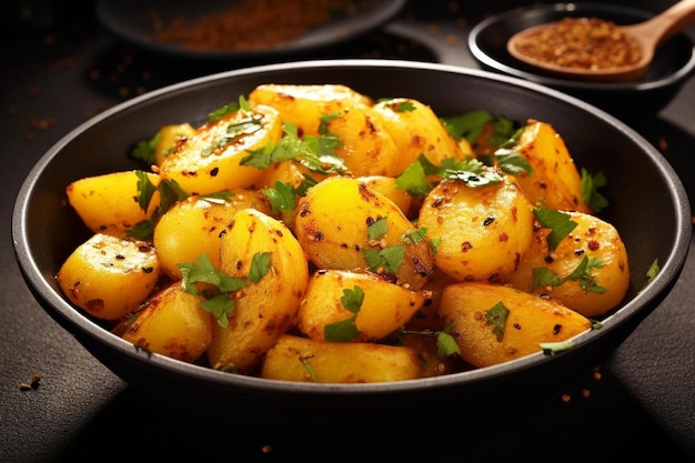 Photo a pan of potatoes with herbs and spices on it