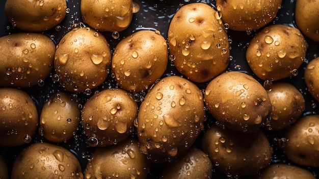 A pan of potatoes with water droplets on it