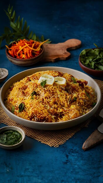 Photo a pan of rice with a side of vegetables and rice