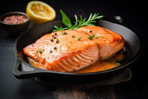 A pan of salmon with a lemon sauce