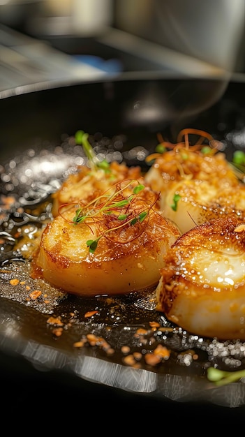 Photo a pan of scallops with a small amount of sauce on it