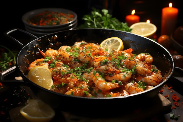 A pan of shrimp with lemon and parsley on the top.