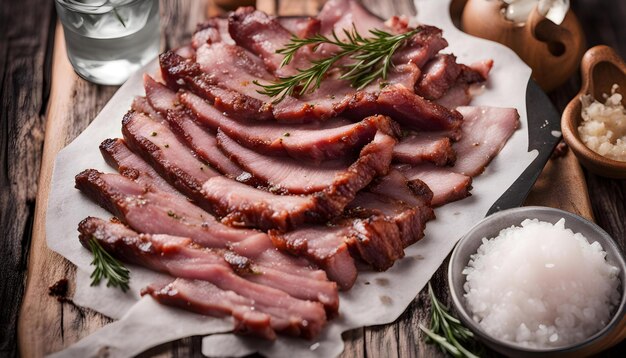 Photo a pan of sliced bacon with a bottle of parsley