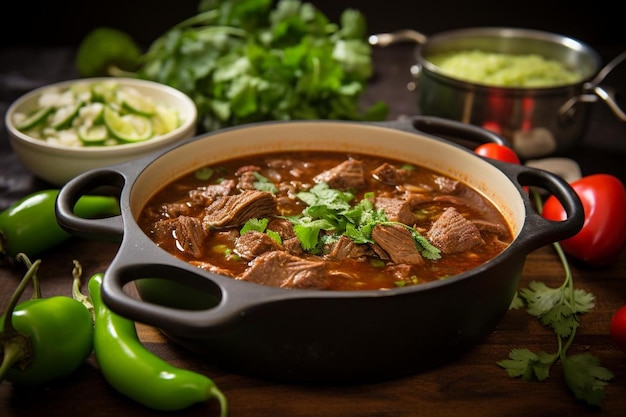 a pan of soup with a green pepper on it