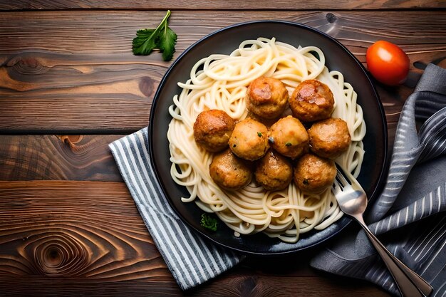 Photo a pan of spaghetti with meatballs and meatballs.