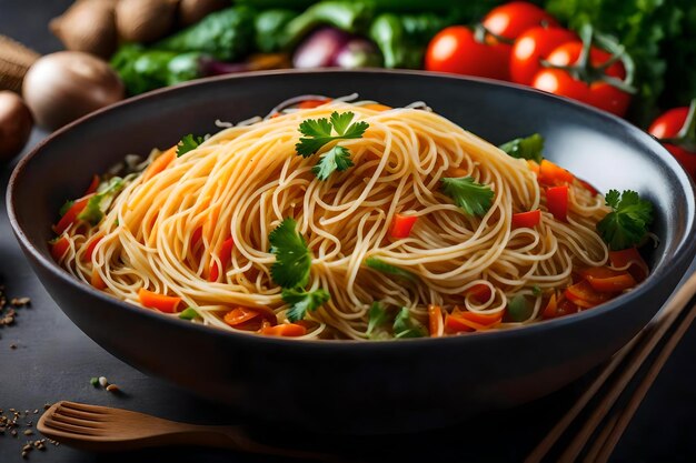 A pan of spaghetti with vegetables and a pan of vegetables