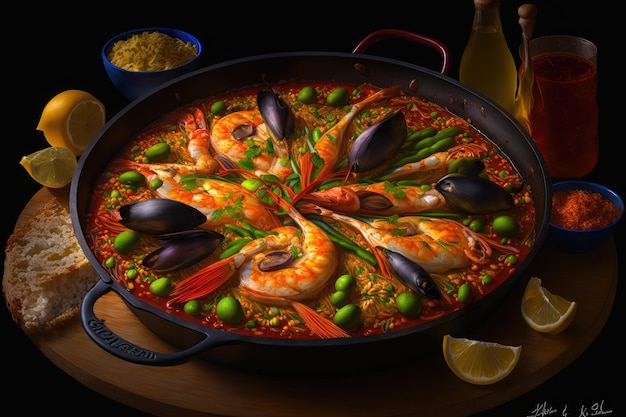 A pan of spanish paella with shrimps, peas, and peas.